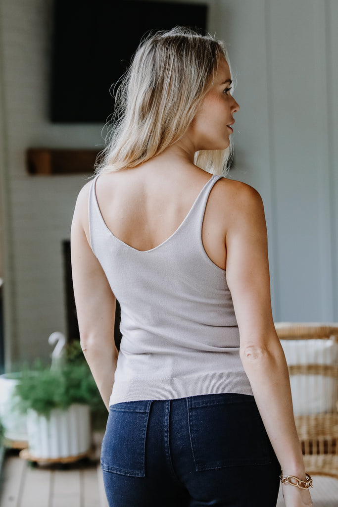 taupe knit tank back view